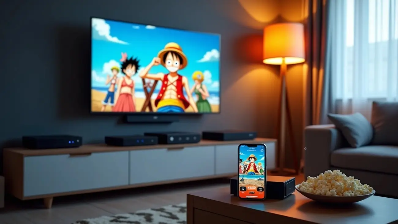 A person watches the One Piece anime, a popular alternative to One Piece HiAnime, on a large flat-screen TV in a living room. A smartphone on the coffee table shows a streaming app, with a bowl of popcorn next to it. Find legal streaming options for One Piece on Zynqle.