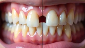 Before and after comparison of a smile with a missing front tooth and its replacement, illustrating options like dental veneers for missing teeth from Zynqle.