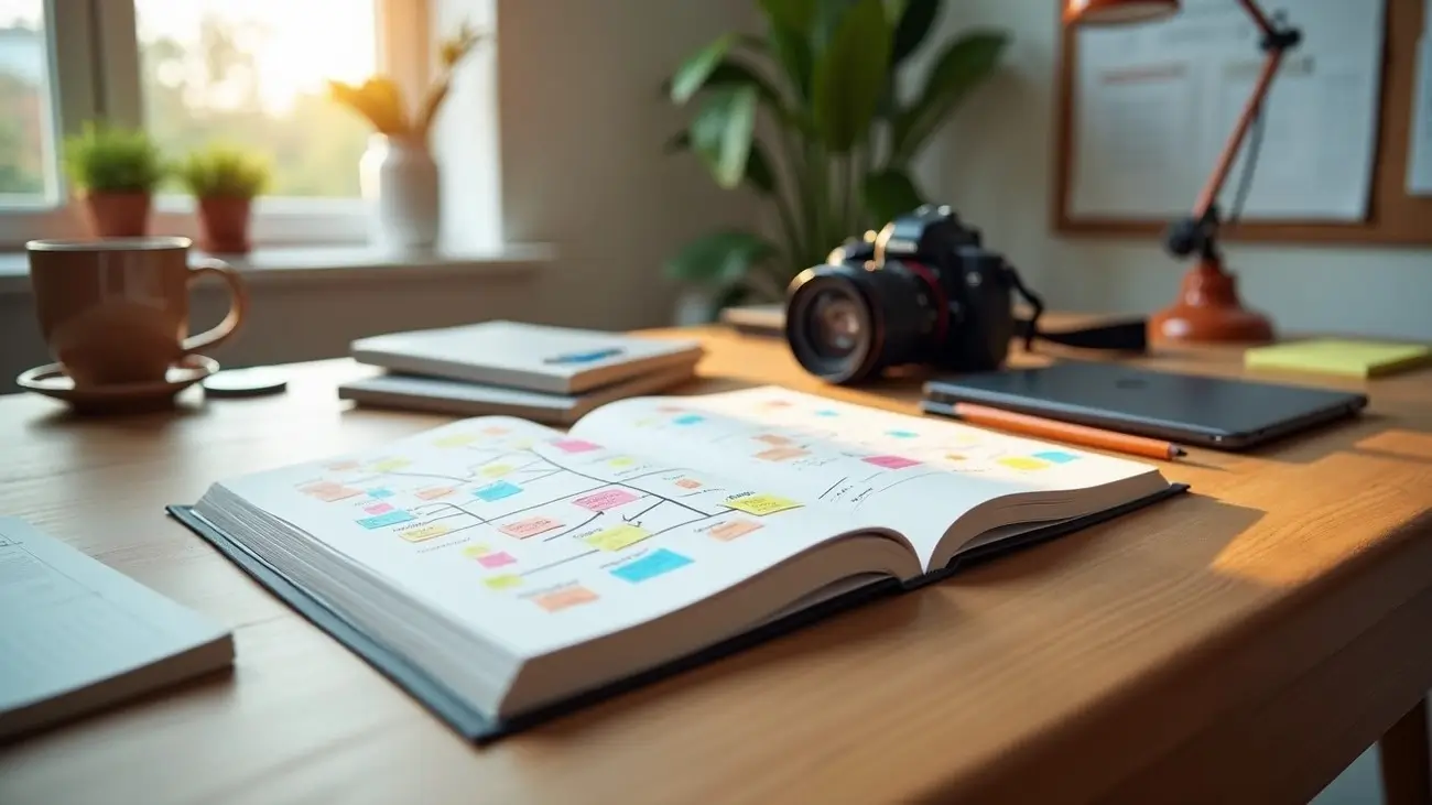 A desk with an open book showing a visual content plan with colorful sticky notes, a camera, laptop, and coffee mug, representing the "your topics | multiple stories" approach to content creation on Zynqle.