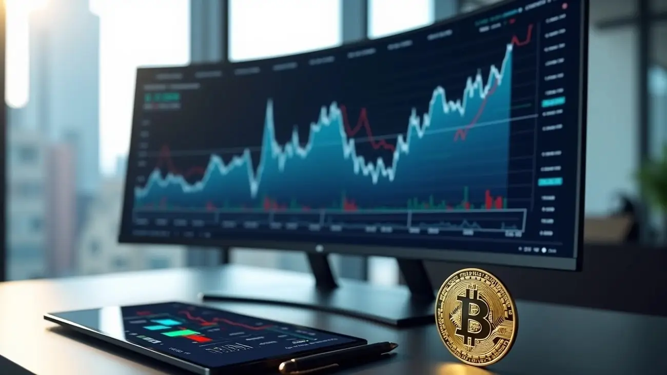 A desk with a curved monitor showing a Bitcoin ETF market chart and a golden Bitcoin coin, representing the tools available on the FintechZoom.com Bitcoin ETF tracker. Review on Zynqle.