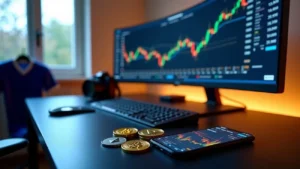 Zynqle: The ultimate crypto trading desk set up. A trader's workspace is shown with a large curved monitor, keyboard, and physical crypto coins, all focused on the primary keyword, GoCryptoBet.com Bet.