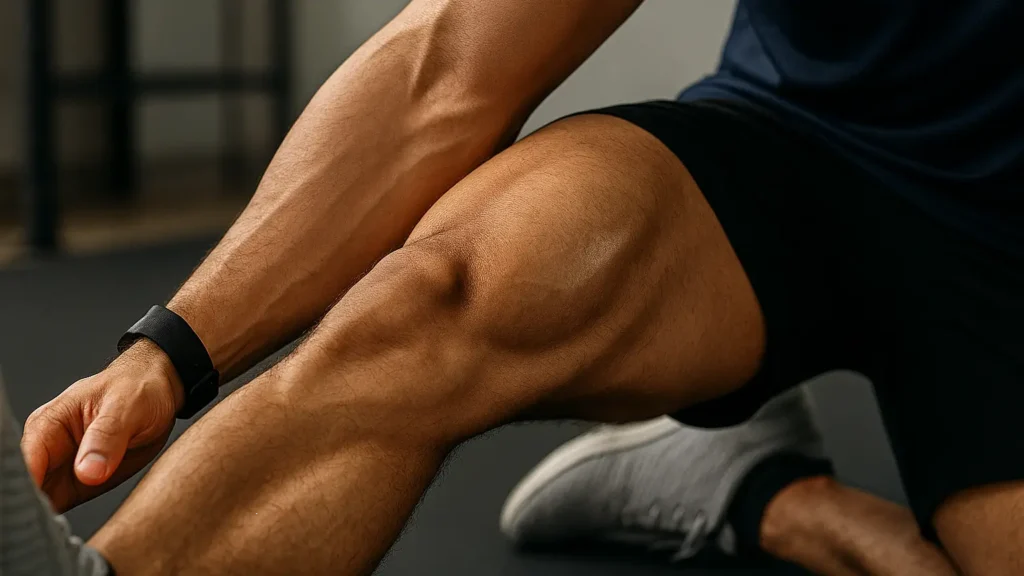 Close-up of back thigh showing hamstrings during stretch