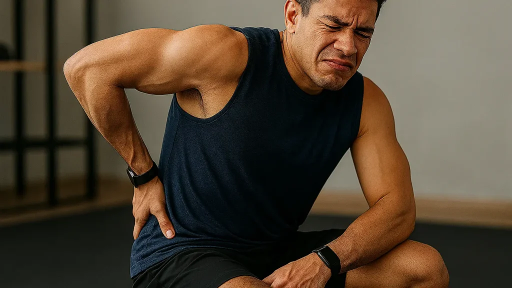 Person holding lower back showing tension, illustrating mind-body connection