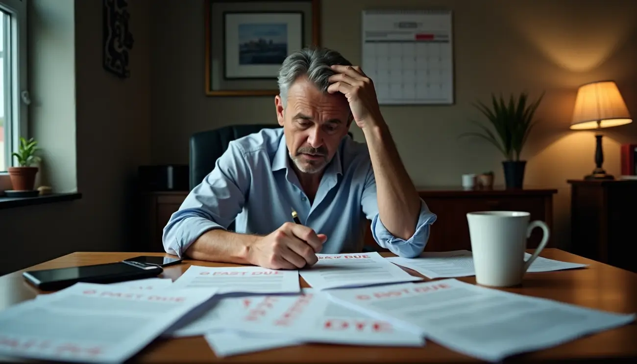 A man looks stressed while reviewing many bills and debt collection notices from companies like LVNV Funding LLC. Reviewed at Zynqle