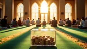 A full Mosque Fund donation box in the foreground of a mosque, with Muslims praying during a spiritual event in the background, from Zynqle.
