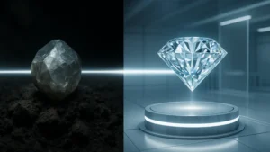 Hero image showing a rough natural diamond on the left emerging from rock and a perfectly cut, glowing Fab Diamond on the right in a lab setting. Zynqle.