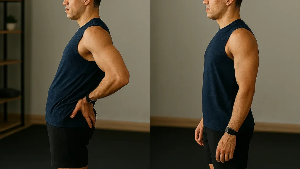 Side-by-side photo showing anterior pelvic tilt vs neutral posture