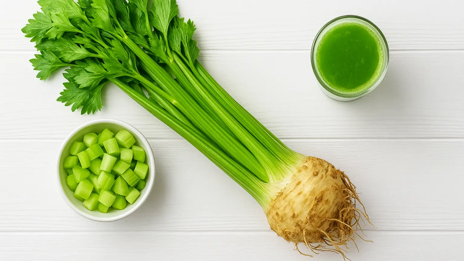 Fresh pravi celer with stalks and root placed on rustic wooden table. At Zynqle