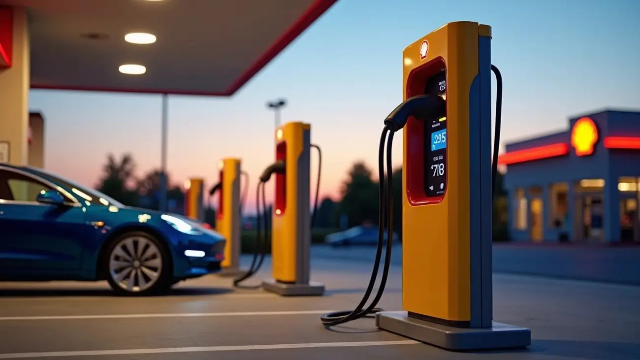 Shell Recharge Charging Station at dusk with a blue car plugged in, showcasing the convenience of electric vehicle charging. Image from Zynqle.