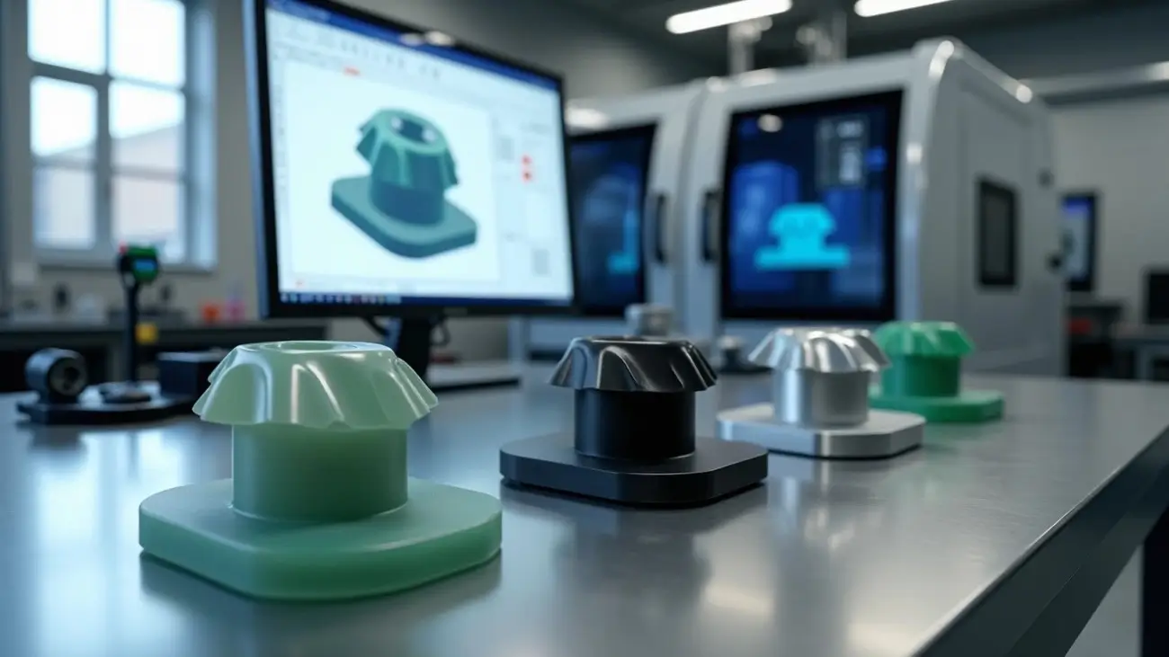 A close-up view of several identical parts in various colors and materials, manufactured using Repmold technology. The parts are displayed on a metal table, with a computer screen in the background showing the 3D digital design of the part. This image represents the Repmold process and is used on the Zynqle website.