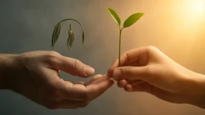 Hands holding a plant that is wilting on one side and growing on the other, representing relationship challenges and growth. Zynqle blog post on the three-week rule.