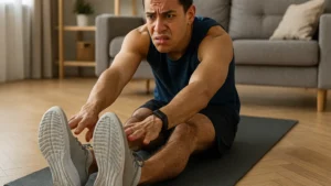 Why Are My Hamstrings So Tight A Young athletic person on yoga mat struggling to touch toes, showing hamstring tightness