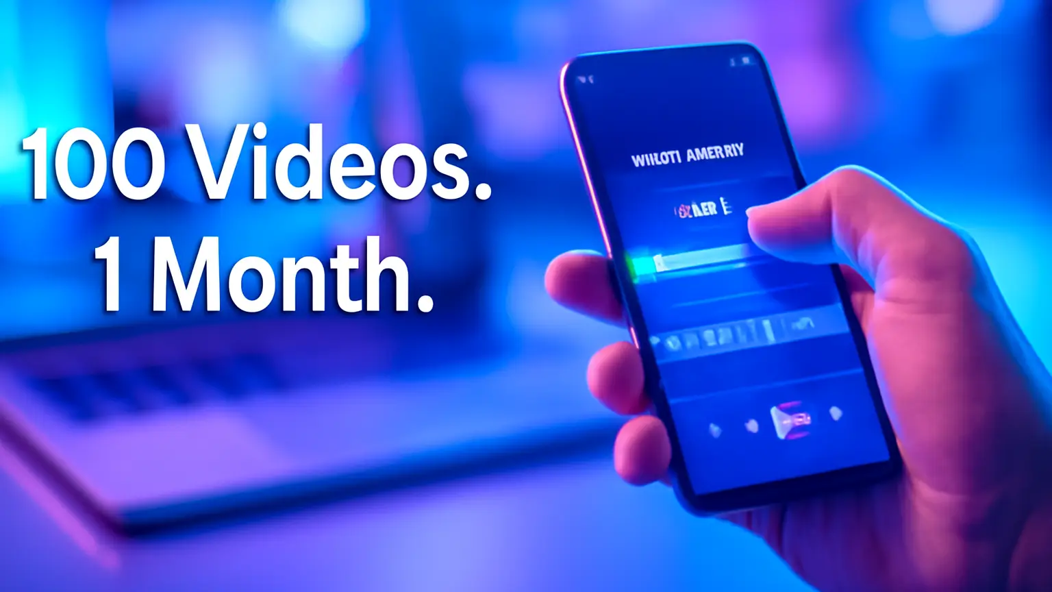 A person's hand holds a smartphone showing a video being created with the Wibbitz AI app. A laptop is in the background, representing fast and efficient video production. Zynqle