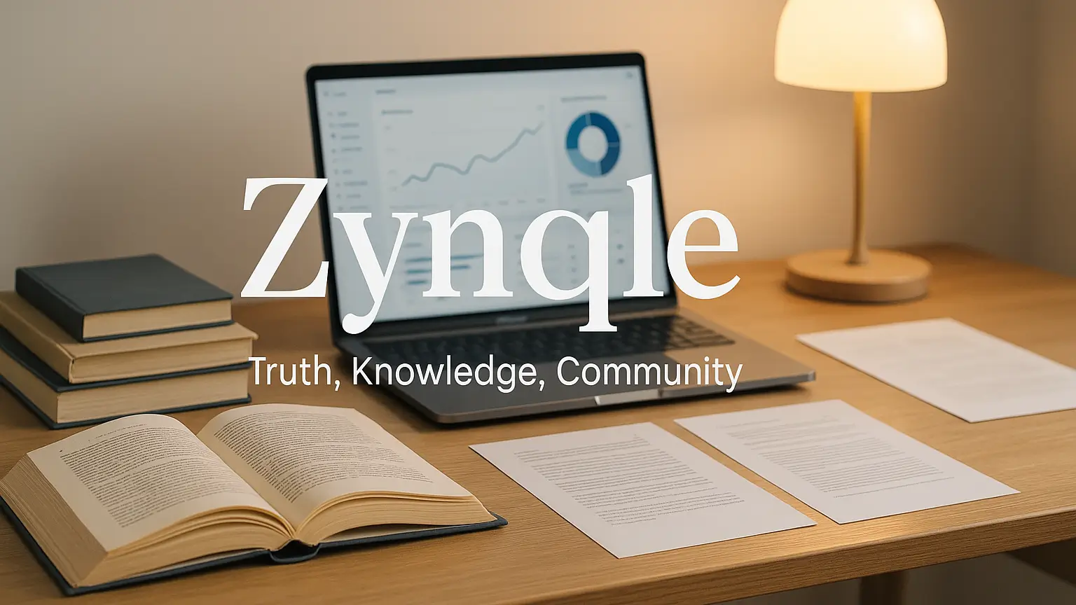 The About Us page featured image for Zynqle, showcasing a laptop, books, and documents on a desk with the tagline "Truth, Knowledge, Community".