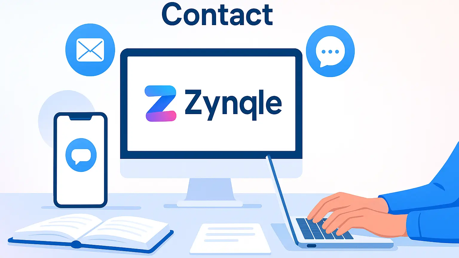 An illustration for the Zynqle Contact Us page showing a person using a laptop with the Zynqle logo on the screen, along with icons for email and messages.