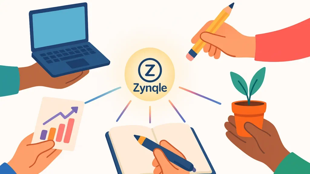 An illustration showing multiple hands holding different objects like a laptop, a pen, and a plant, all connected to a central Zynqle logo. This symbolizes the diverse and collaborative Zynqle contributor community.