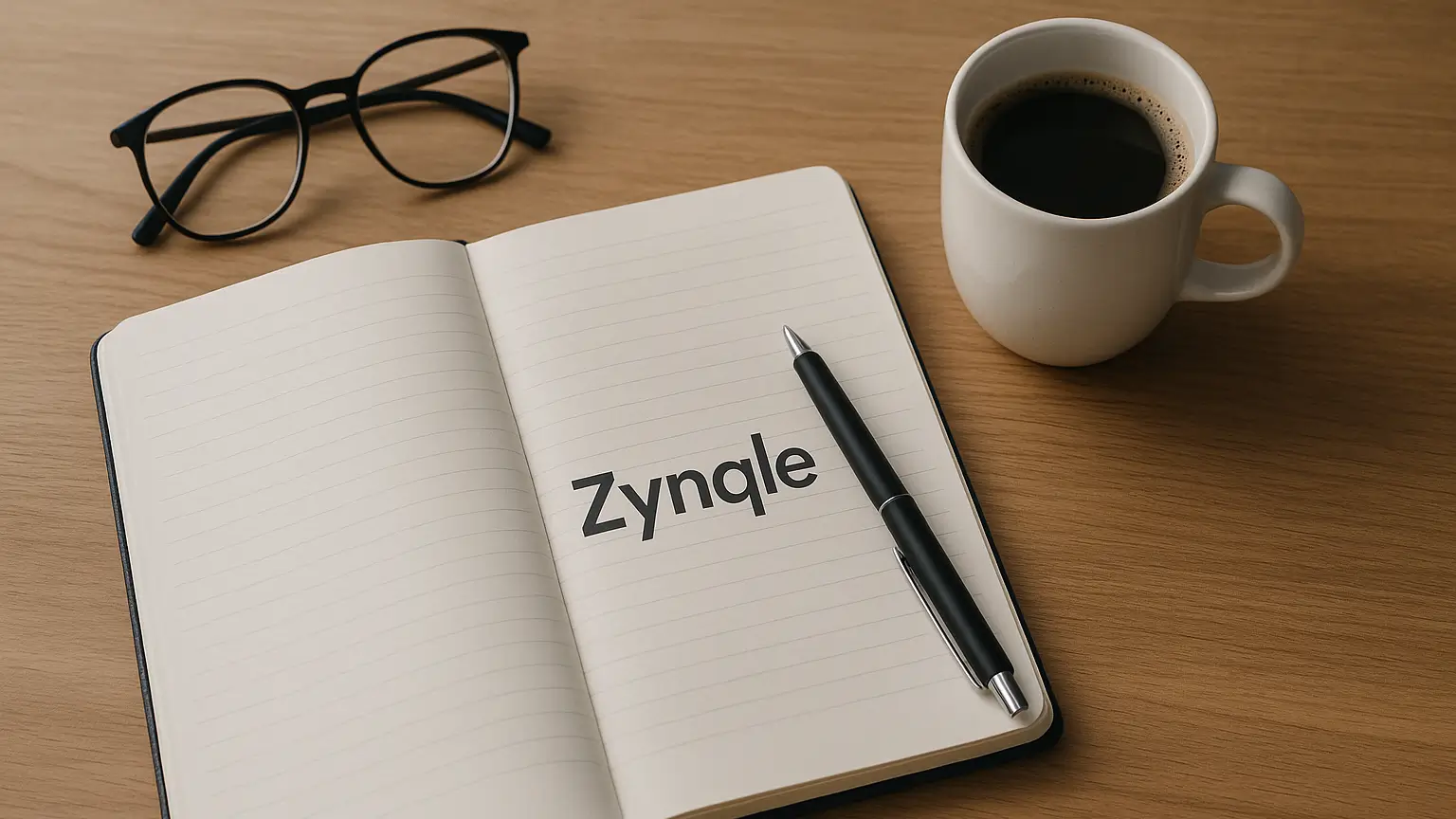 A hero image for the Zynqle write for us page, showing an open notebook with a pen, glasses, and a cup of coffee on a wooden desk.