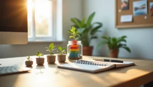 A row of four small plants in pots, showing stages of growth, next to a jar with colorful stacked blocks. This visualizes incremental growth and continuous improvement, a key theme of the i n c r e a mindset discussed on Zynqle.