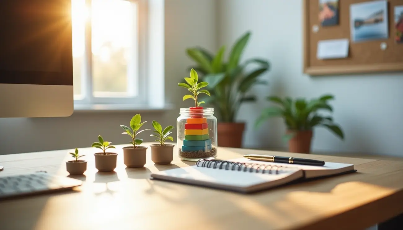A row of four small plants in pots, showing stages of growth, next to a jar with colorful stacked blocks. This visualizes incremental growth and continuous improvement, a key theme of the i n c r e a mindset discussed on Zynqle.