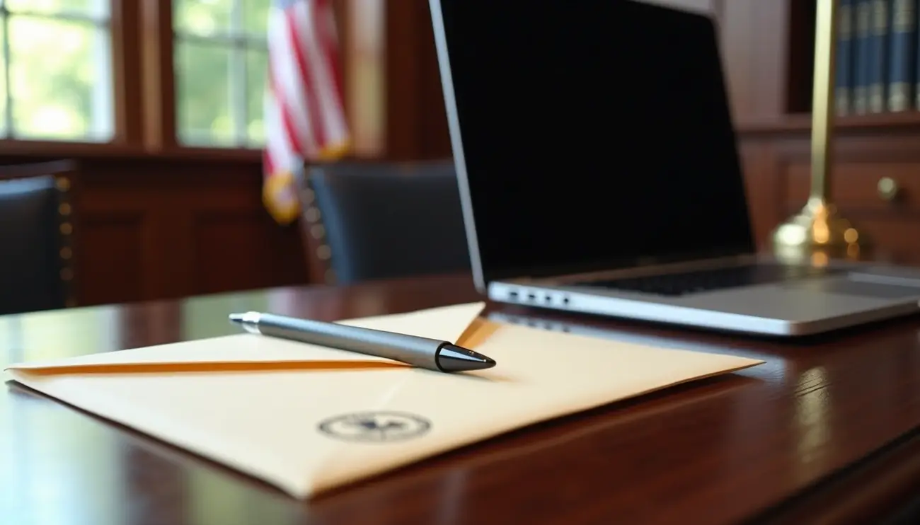 A pen resting on a sealed envelope on a wooden desk, symbolizing formal business communication, to illustrate the importance of V/R in email signature. Review at Zynqle.