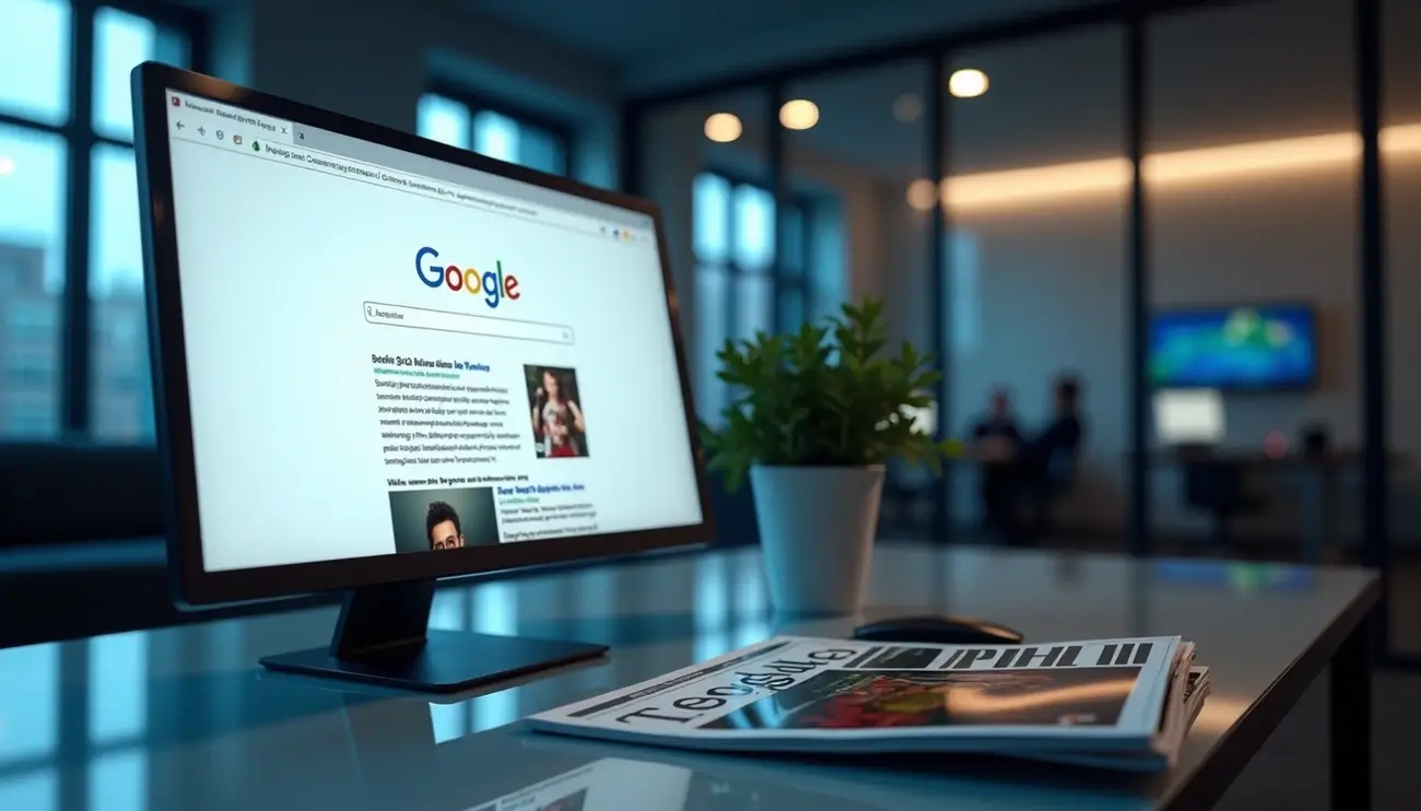 A computer monitor displaying the Google search homepage, with a stack of magazines and a potted plant in the foreground, representing the lawsuit filed by Rolling Stone publisher against Google's AI Overviews. Article at Zynqle.