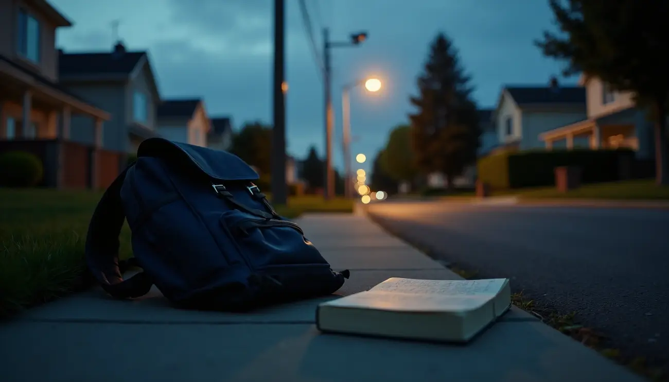 Then She Was Gone Book Summary - A lone backpack and book on a sidewalk at dusk, symbolizing Ellie Mack's disappearance in Lisa Jewell's thriller, exclusively on Zynqle.