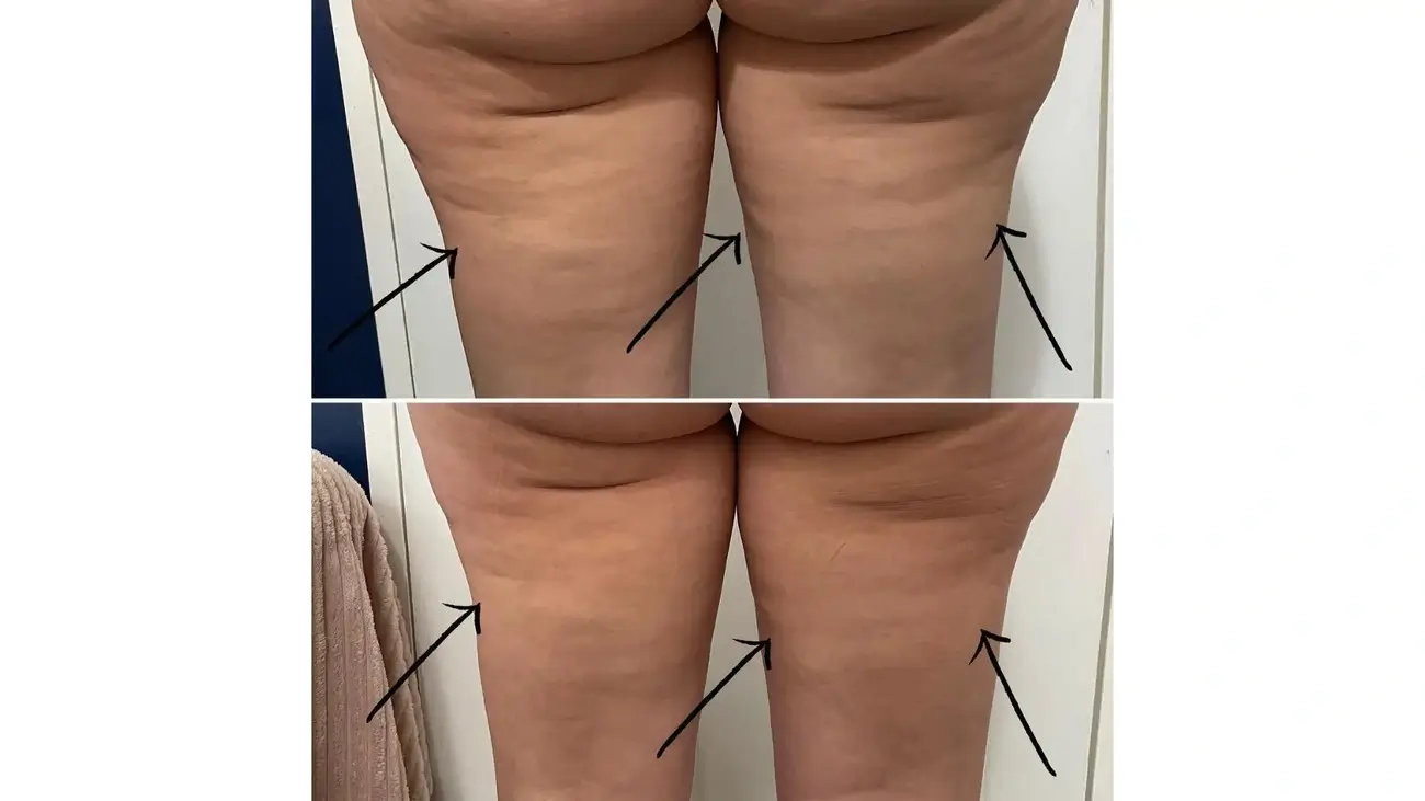 A before and after comparison of a person's thigh, showing a reduction in the appearance of cellulite, with the text "What is Cellulogia ?" and the website name "Zynqle."