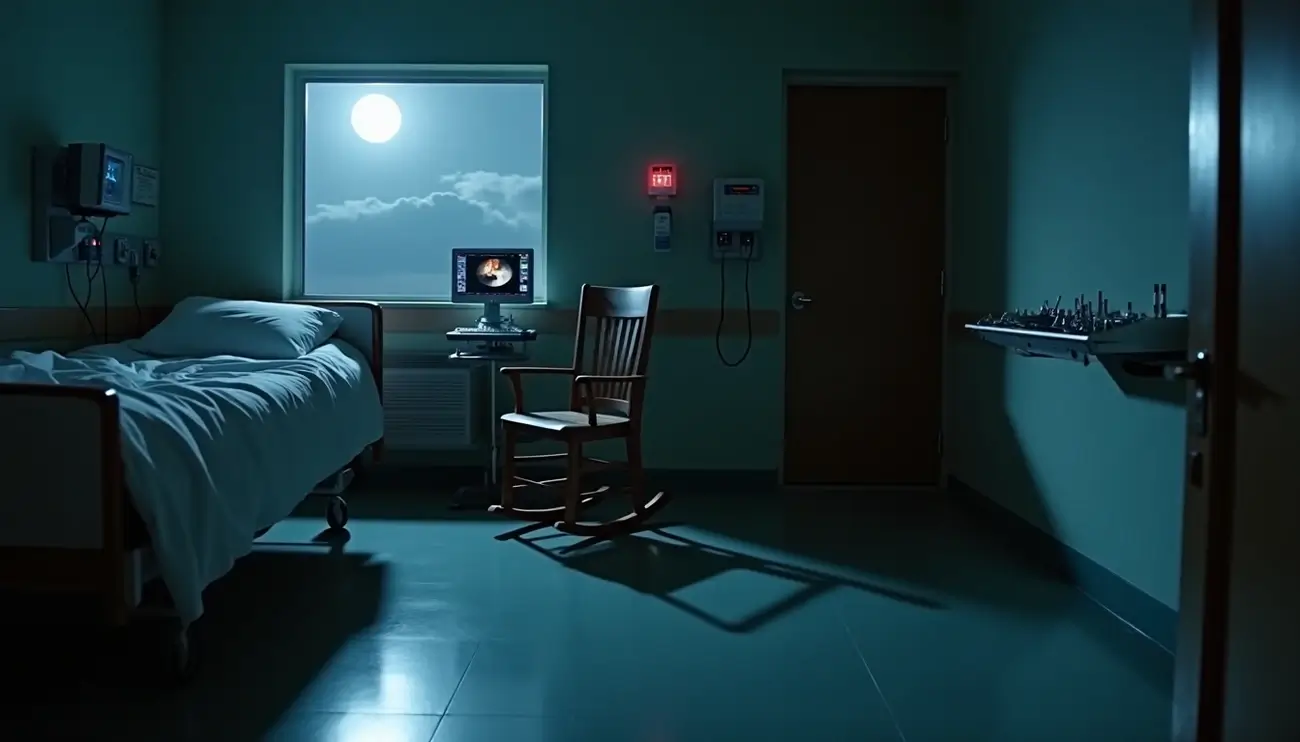 A dimly lit hospital room at night, with a full moon visible through the window. The room features an empty hospital bed, a rocking chair, and medical equipment, evoking a sense of eerie quiet and vulnerability often found in pregnancy horror movies discussed on Zynqle.