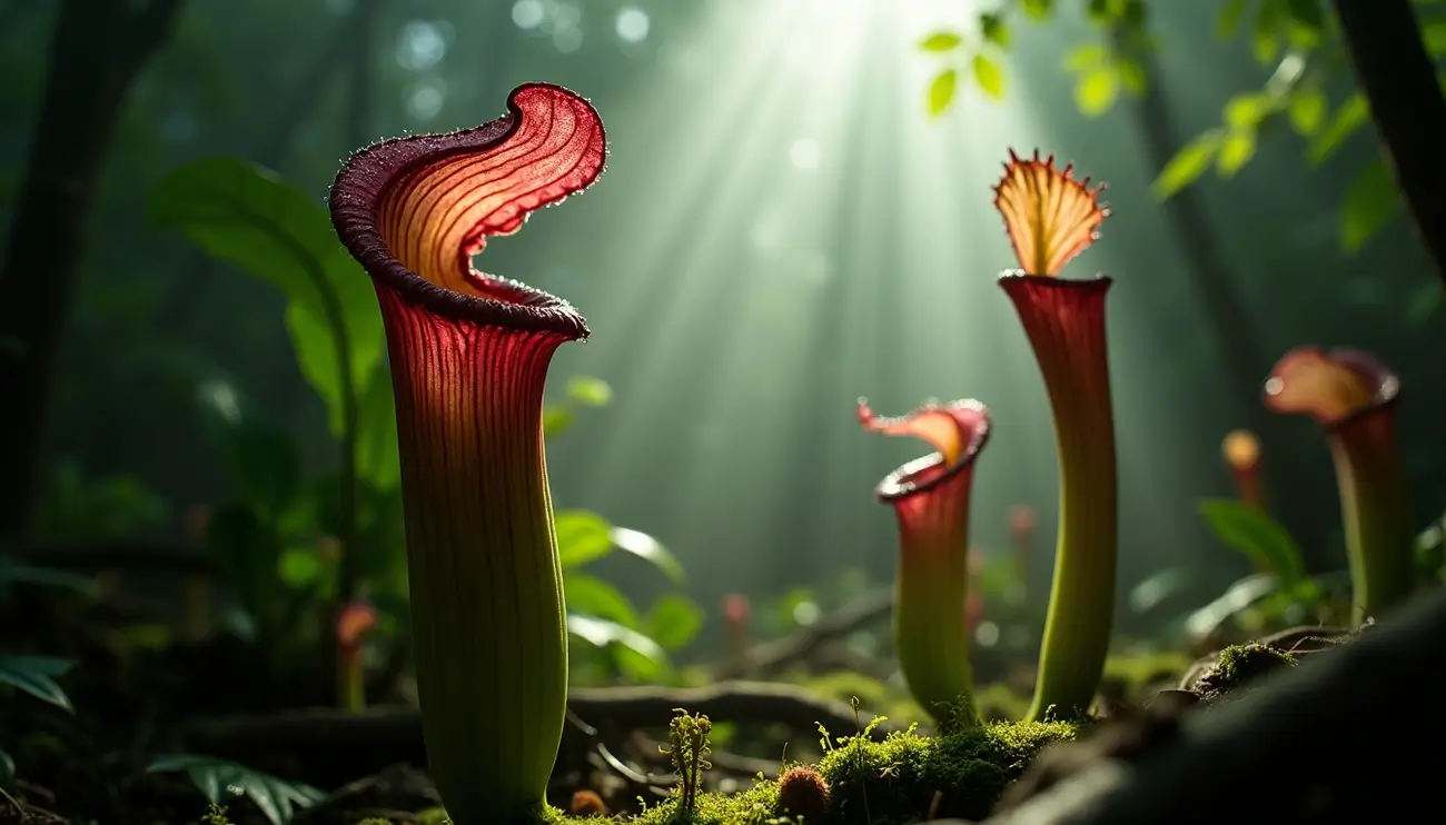A close-up of vibrant red and green pitcher plants in a mossy forest under sunbeams, illustrating the truth about Plants That Eat People on the Zynqle website.