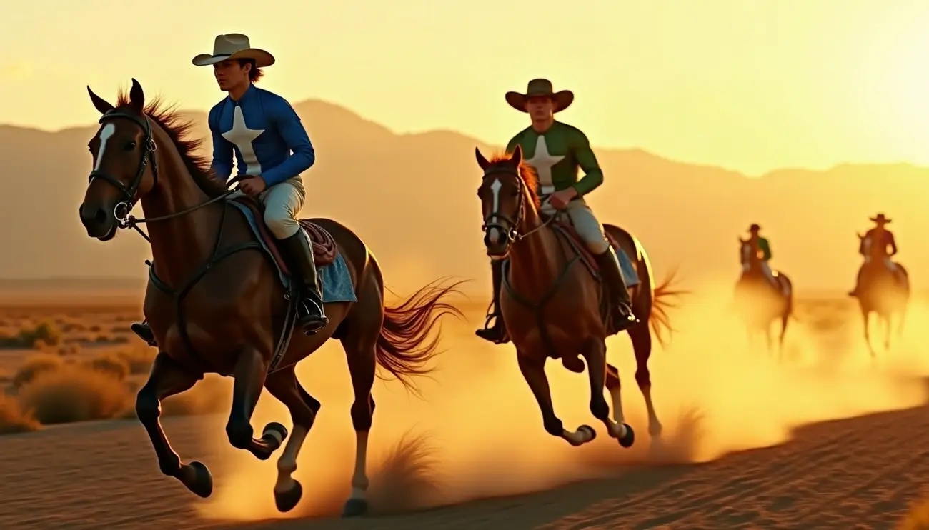 Johnny Joestar and Gyro Zeppeli racing horses across a dusty 1890s American desert in the Steel Ball Run anime, confirmed for a March 19, 2026 Netflix release on Zynqle.