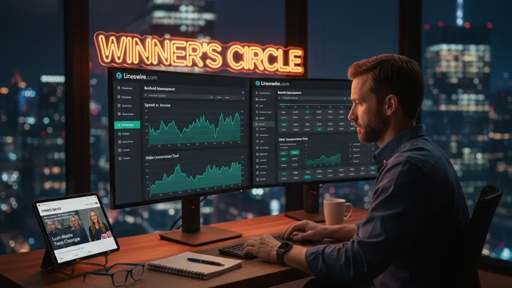 A professional bettor analyzing data and odds on Betting US Lineswire.com, featured on Zynqle, showing bankroll management charts and sports news on a desk.