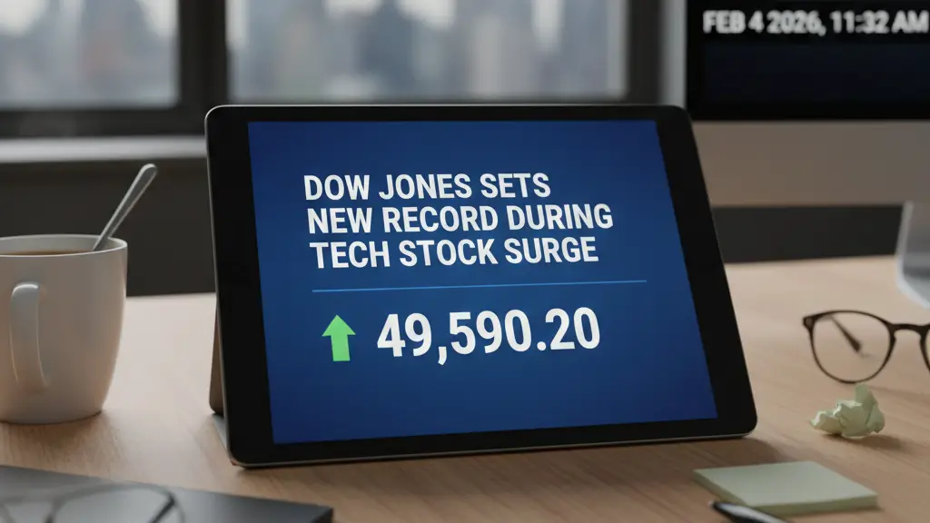 A tablet on a desk showing a Dow Jones record high of 49,590.20 during a tech stock surge, as reported by Zynqle.