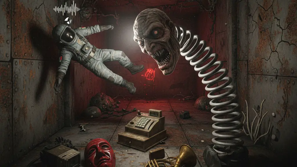 A terrifying Coil-Head monster with a spring neck corners a player in a dark, rusty facility hallway next to a cash register and brass horn on the floor.