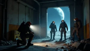 Four players in orange hazmat suits explore a dark, industrialized lunar facility under a massive moon, illustrating the cooperative survival horror gameplay of Lethal Company. Review at Zynqle