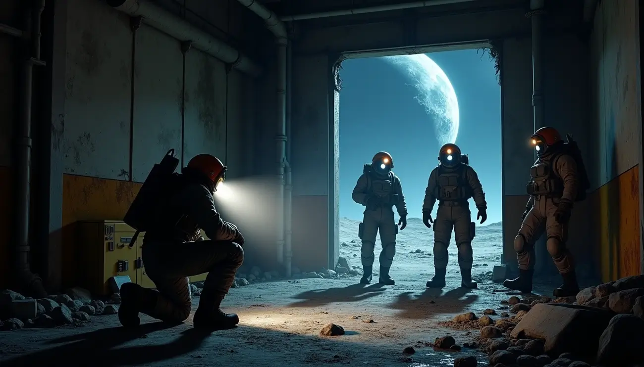 Four players in orange hazmat suits explore a dark, industrialized lunar facility under a massive moon, illustrating the cooperative survival horror gameplay of Lethal Company. Review at Zynqle