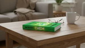 A realistic copy of The Let Them Theory book by Mel Robbins resting on a wooden coffee table in a cozy living room, featured on Zynqle.