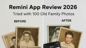 A before and after comparison of old, torn family photos being enhanced using the Remini app interface, featured on Zynqle.
