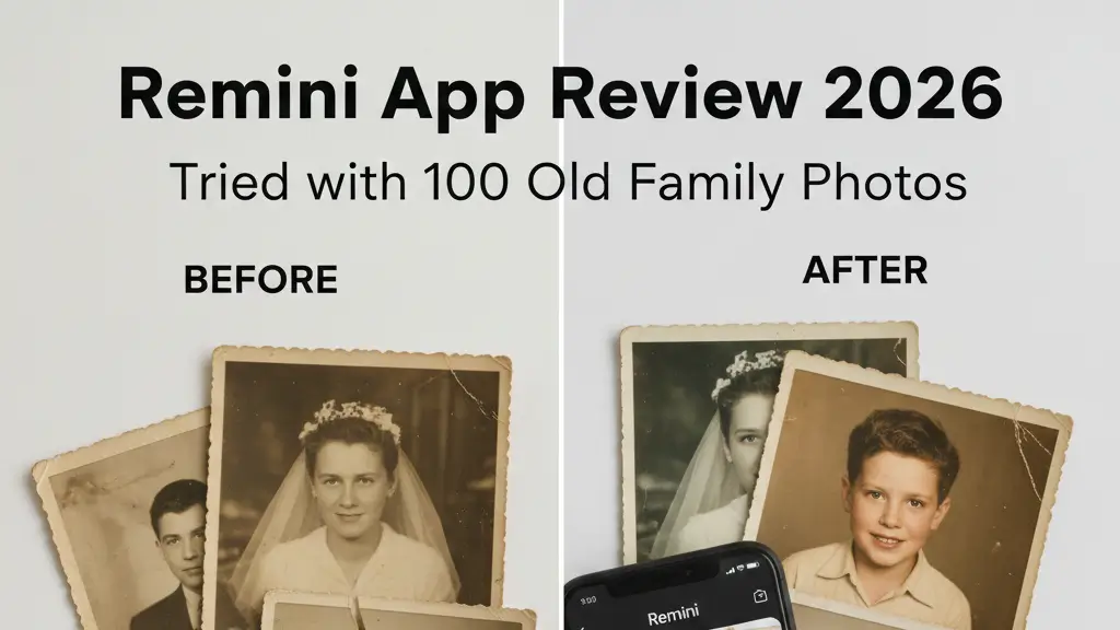 A before and after comparison of old, torn family photos being enhanced using the Remini app interface, featured on Zynqle.