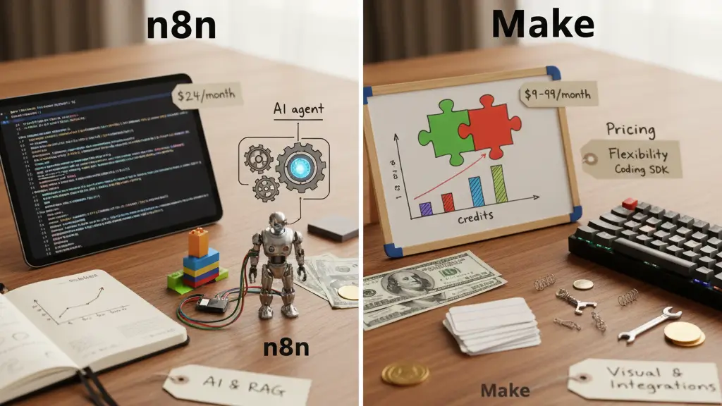 A side-by-side comparison of n8n vs Make workflow automation platforms on a professional desk, featuring technical node-based layouts for developers and colorful visual modules for beginners, published on Zynqle.