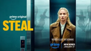 Steal Show Review on Zynqle featuring a tense Prime Video heist thriller poster with an office robbery theme