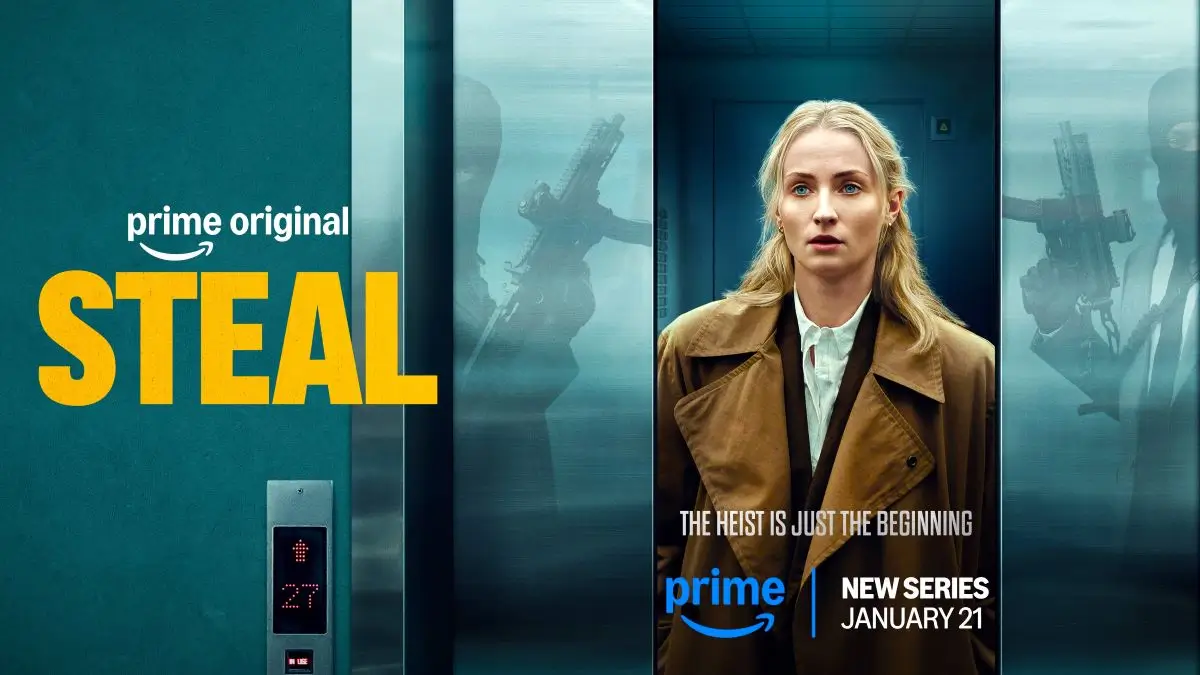 Steal Show Review on Zynqle featuring a tense Prime Video heist thriller poster with an office robbery theme